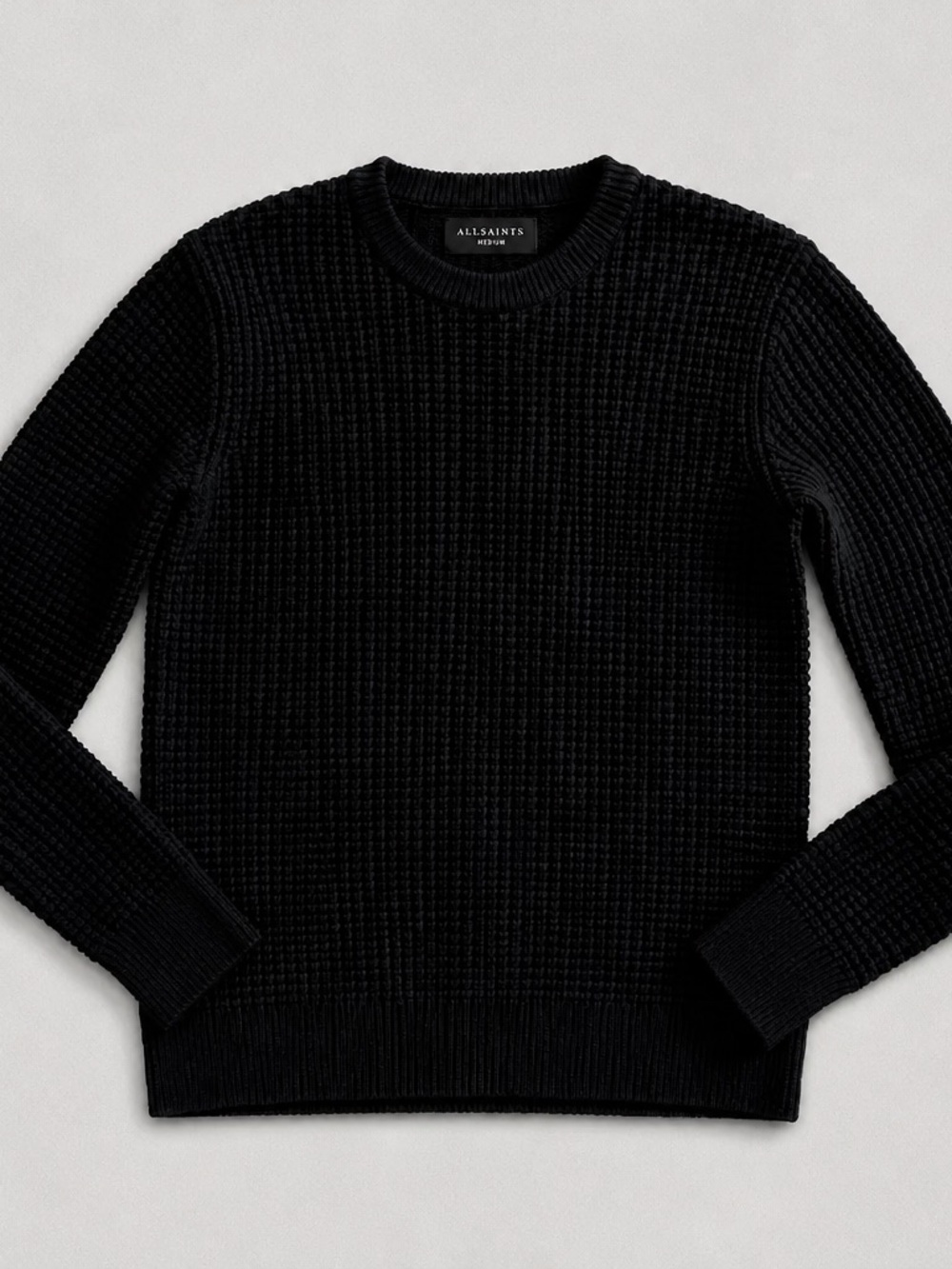 AllSaints Black Textured Waffle Knit Crewneck Sweater Size M